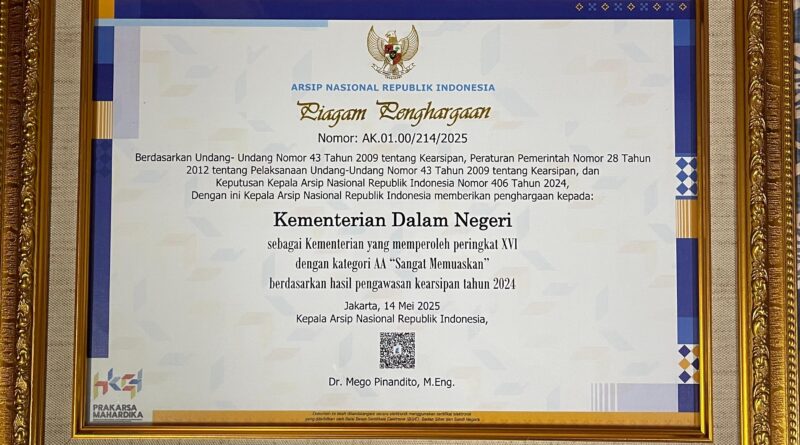 ANRI Anugerahkan Nilai Tertinggi kepada Kemendagri atas Tata Kelola Kearsipan